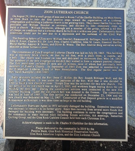 Historic Commemorative Plaque for Zion Lutheran Church, Glen Rock, PA