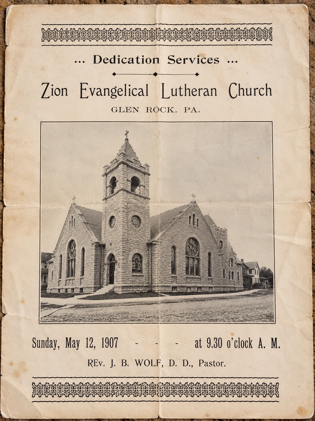 1907 dedication service program for Zion Evangelical Lutheran Church in Glen Rock